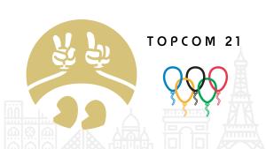 Arte de divulgação do evento com o nome Topcom 21 e balões coloridos que lembram os arcos olímpicos